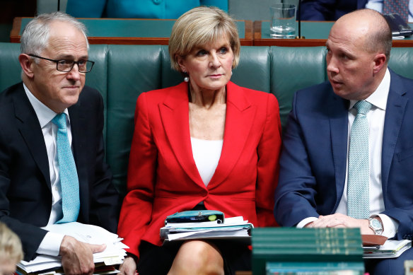 Then-PM Malcolm Turnbull, Foreign Affairs Minister Julie Bishop and Immigration Minister Peter Dutton in October 2017.