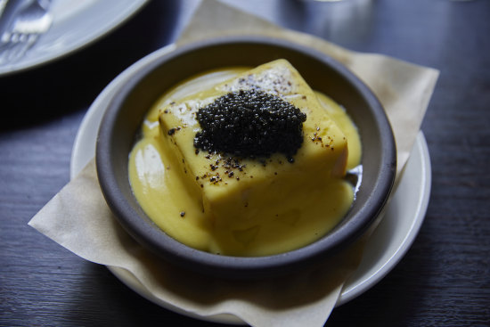 Baked egg, caviar, sweet corn puree.