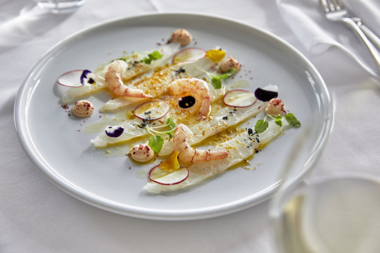 Crudo of red emperor and amaebi prawn at Catalina.