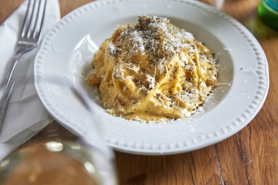 Spaghetti carbonara with house-made guanciale at Salumeria Norcino.