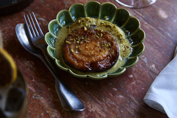 Fried ricotta jilpi with pistachio sabayon.
