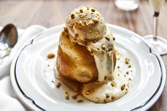 Rum baba with smoked peanuts, banana sorbet and creme diplomate.