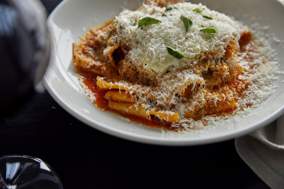 Pappardelle with beef shin ragu, parmesan foam and oregano.