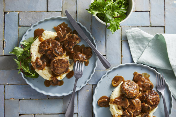 RecipeTin Eats’ rissoles with mushroom gravy.