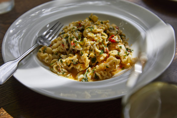 Mafaldine pasta with crab, chilli and parsley.