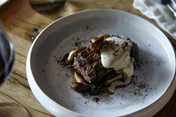 Pardoo wagyu tri-tip with chestnut mushrooms and mushroom sabayon.