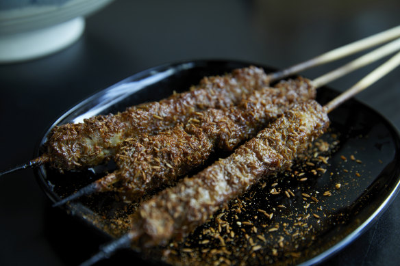 Sweet and tender barbecued skewers are three for $6.