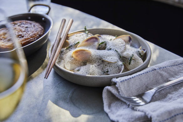 Pipis with dry vermouth and samphire, and lavender honey cornbread.