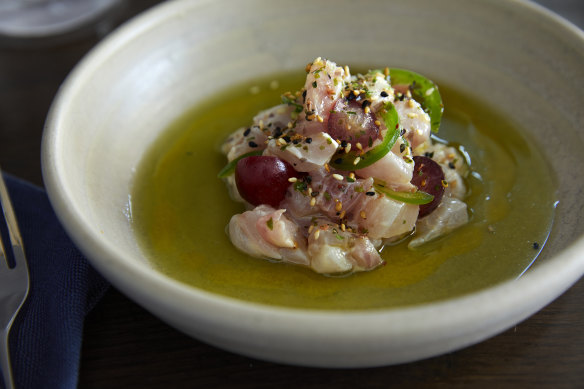 Snapper crudo with salted green apple, grapes and furikake.