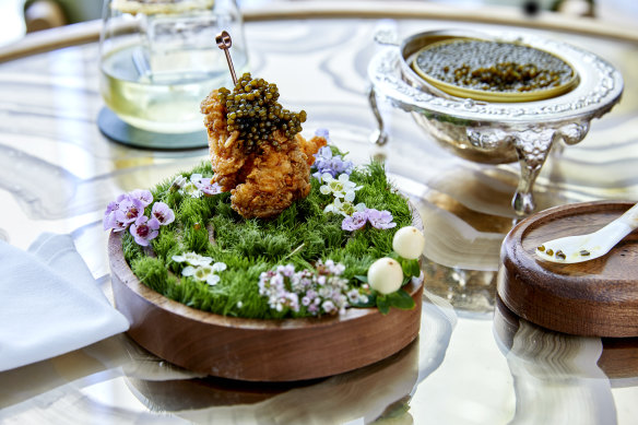 Fried chicken with optional caviar served at the bar at Oncore by Clare Smyth in Sydney.