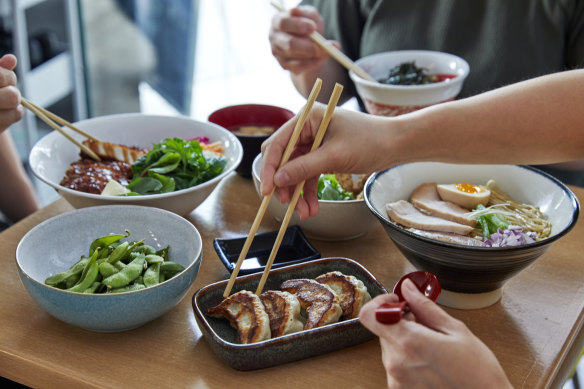 Assorted bowls and snacks at North Sydney newcomer Sou Ramen Lab