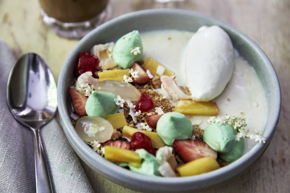 “All Aboard the Coconut Express” dessert is a riot of vanilla and coconut panna cotta covered in mango, lychee, strawberry and pandan cream.