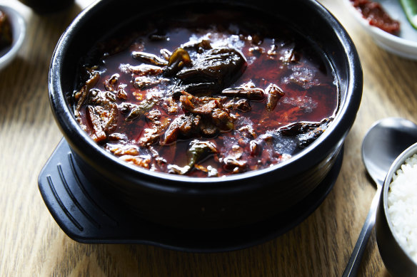 Yukgaejang (spicy beef and leek soup).