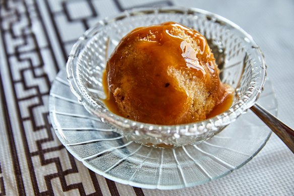 Deep-fried ice-cream with caramel sauce.