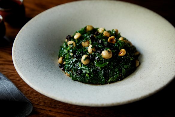 Marrunga lamb, smoked eggplant, green kale and tare sauce.