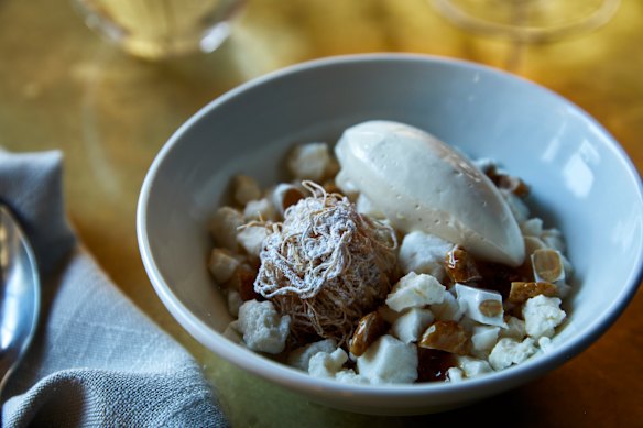 Almond kataifi, lemon curd, nougat and vanilla parfait.