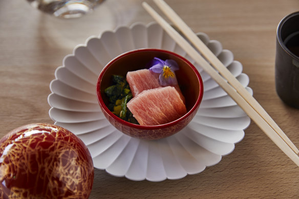 Tuna with wasabi-spiked spinach.