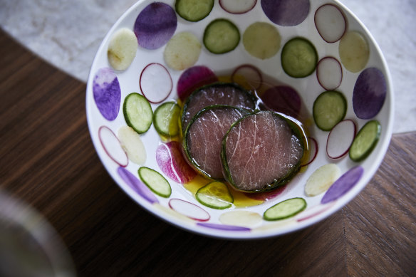 Dry-aged albacore wrapped in sorrel, in bergamot ponzu with discs of green apple, cucumber and radish, from the lunch menu.