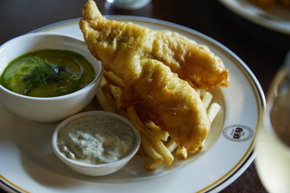 Fish and chips with silky peas and tartare. 