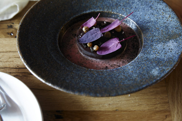 Beetroot millefeuille with muntries and native thyme.