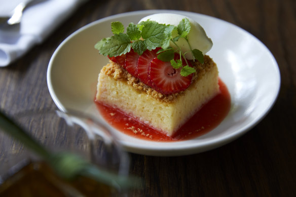 Strawberry pudding with buttermilk gelato and shortbread.