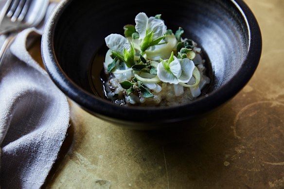 Southern squid, seaweed Koshihikari risotto, ice plant, pea shoots and palm heart.