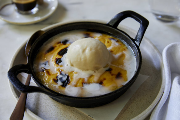 Coconut basbousa, fenugreek custard, and Jersey milk ice-cream.