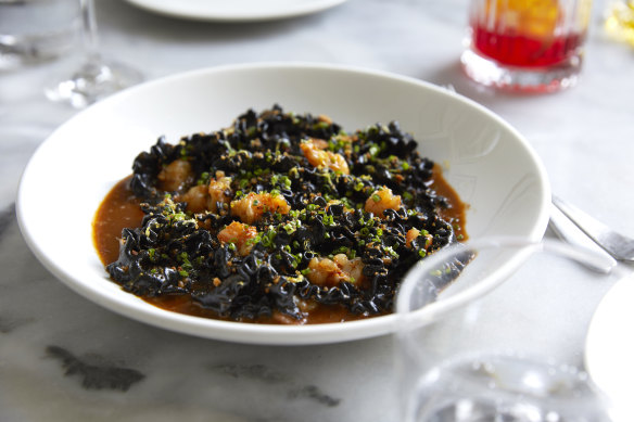 Reginette pasta with mussel butter, Yamba prawns and pangrattato.