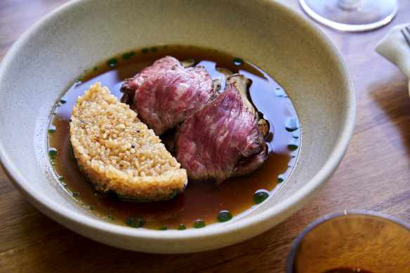 Wagyu rump cap with Korean beef consomme, shimeji mushrooms and crispy rice.