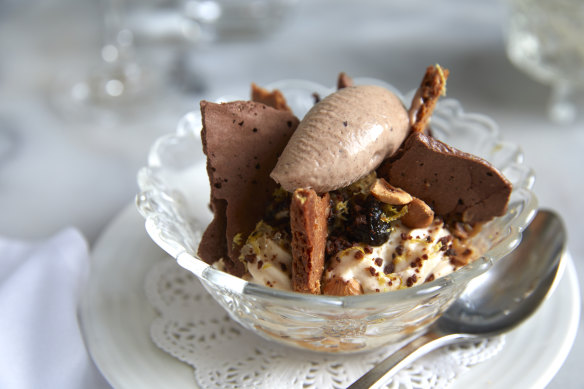 Chestnut cake topped with truffle ice-cream.