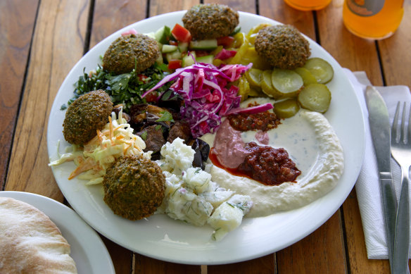 Falafel plate with hummus and salad at Savion in Bondi.