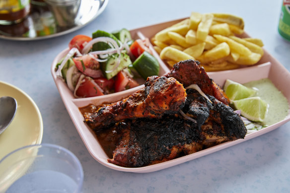 The half tandoori chicken plate at Derrel’s.