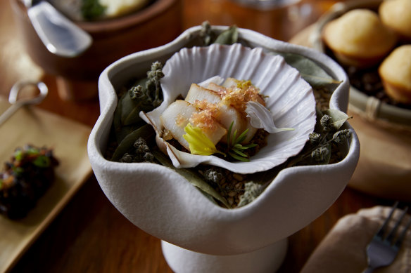 Scallop topped with finger lime, perched on pureed corn and palapa.