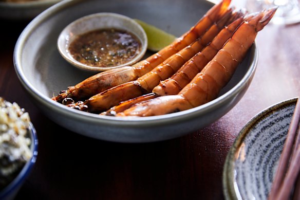 Smoked prawns with ginger dipping sauce.