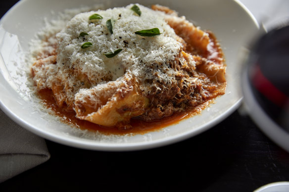 Pappardelle with beef shin ragu, parmesan foam and oregano.