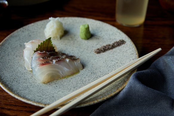 Snapper, shiso, bergamot oil, pickled kohlrabi and burnt citrus salt.