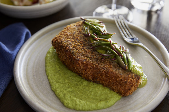 Pork tonkatsu with salsa verde and chayote.