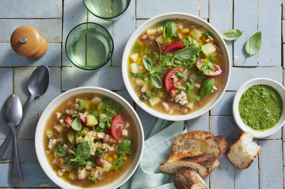 RecipeTin Eats’ soupe de volaille Provencale with basil sauce.
