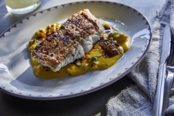 Barbecued nannygai, sweetcorn and manchego.