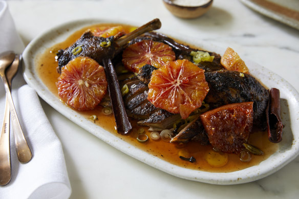 Steamed and roasted dry-aged duck “mishwe” marinated in baharat, with blood orange sauce.