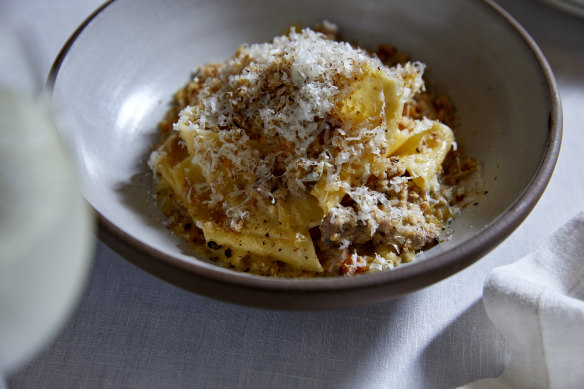 Pappardelle with pork ragu bianco, rosemary and pangrattato.