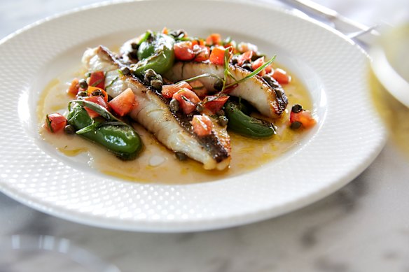 Fish of the day, John dory, with tomato and caper salsa.