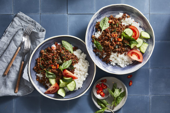 Serving suggestion: Finish the Thai chilli and basil pork bowls with tomato and cucumber for freshness (optional).

