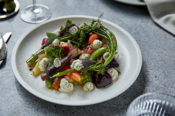 Spring vegetables with herb cream fraiche.