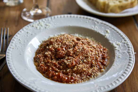 Honeycomb ox-tripe with tomato sauce and pecorino.