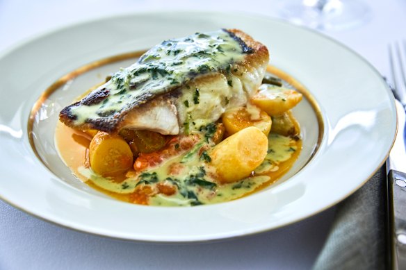 Peixe selvagem, abobrinha tradicional e manteiga de manjericão.