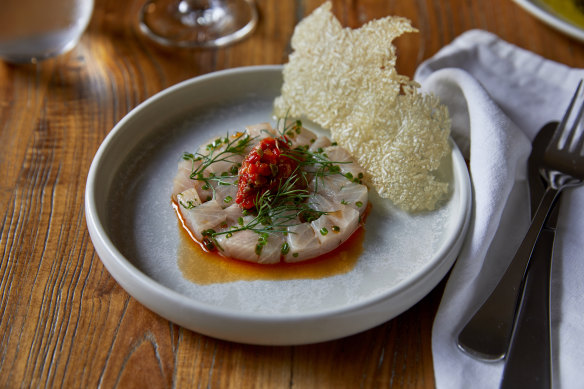 Kingfish tartare with capsicum tapenade.