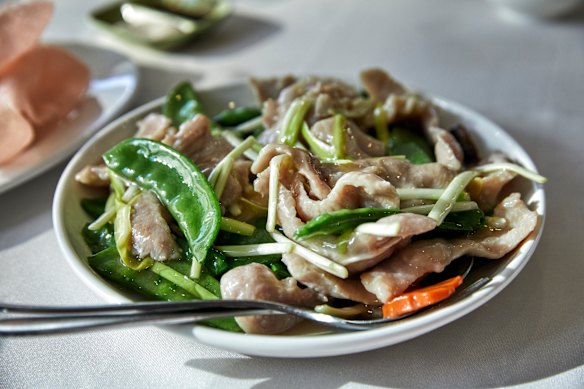 Pork jowl with snow pea at Hurstville Chinese.
