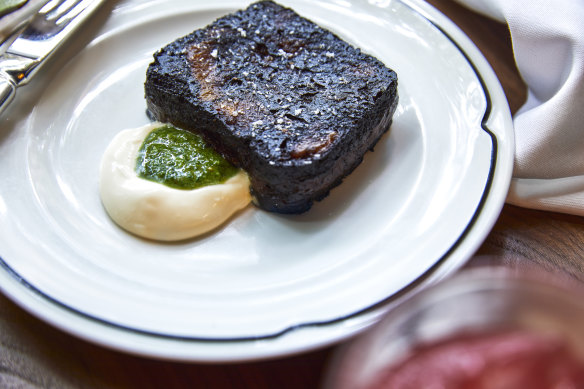 Boudin noir with fromage blanc and green sauce.