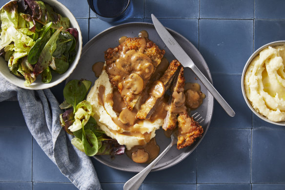 Serve these beef schnitzels with mushroom gravy, mashed potato and salad.

